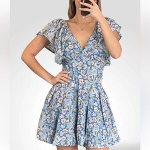 Mable Floral Flutter Sleeve Pleated Waist Mini Dress Blue Spring Size Large